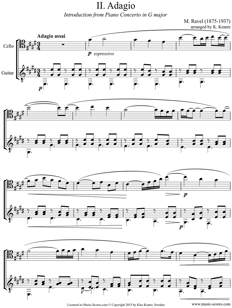 Front page of Piano Concerto in G ma, 2nd mvt: Cello, Guitar sheet music