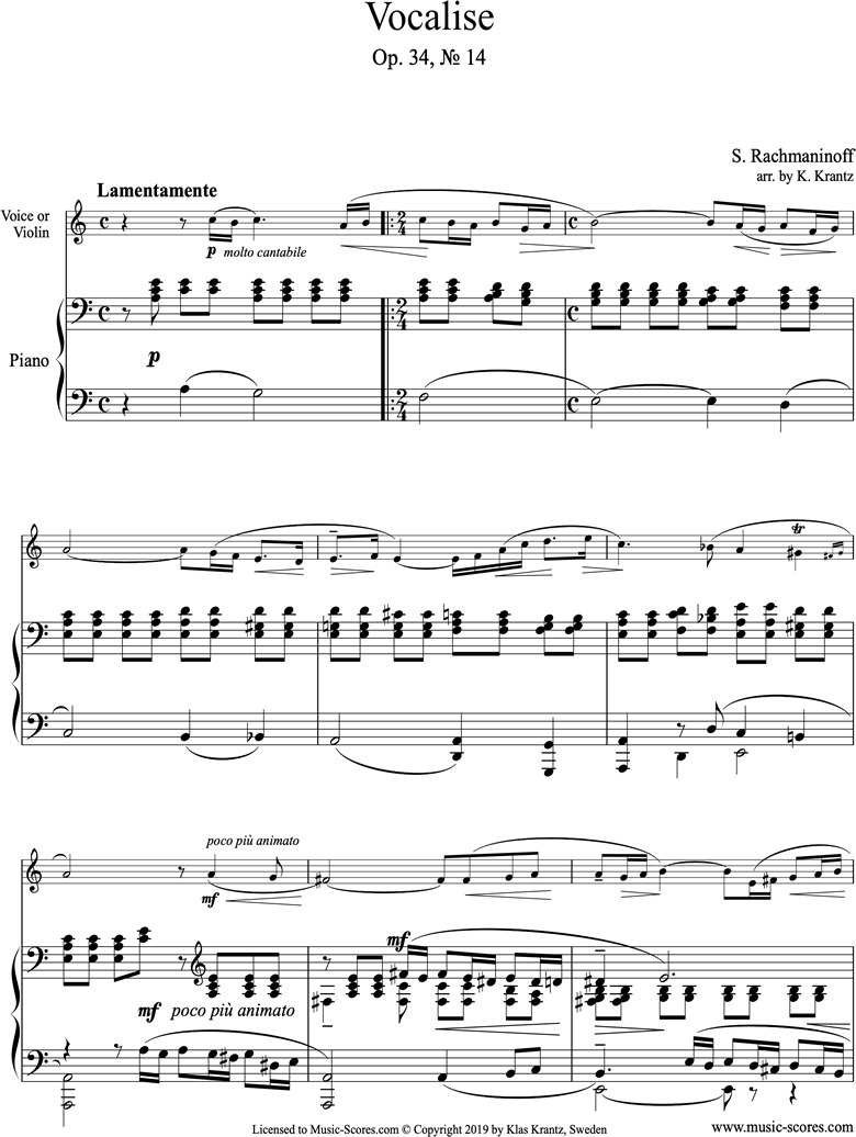 Op. 34, No.14:Vocalise: Violin, Piano: A minor by Rachmaninoff