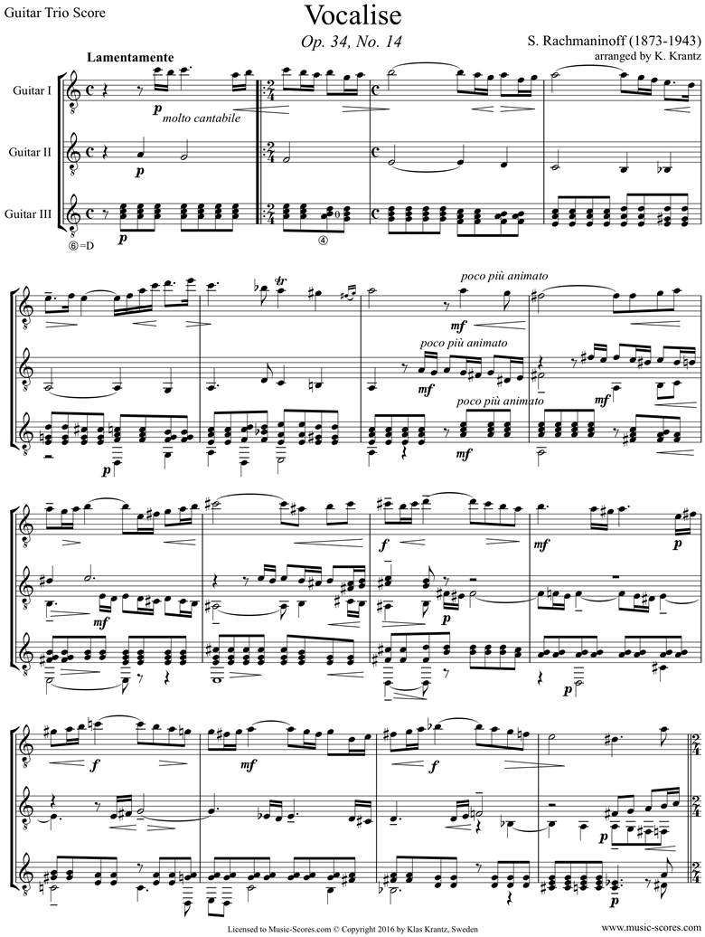 Front page of Op. 34, No.14:Vocalise: Guitar trio sheet music
