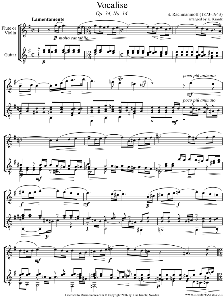 Front page of Op. 34, No.14:Vocalise: Violin, Guitar sheet music