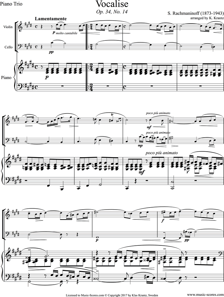 Op. 34, No.14:Vocalise: Violin, Cello, Piano by Rachmaninoff