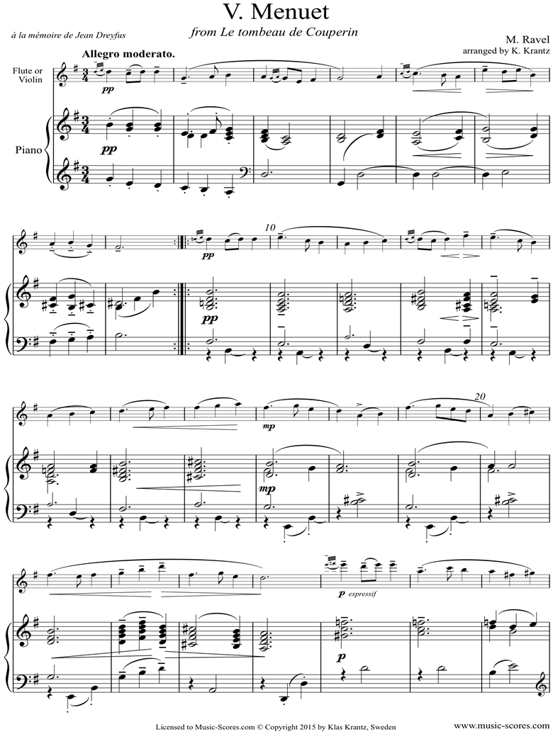Front page of Tombeau de Couperin, 5: Menuet: Flute, Piano sheet music
