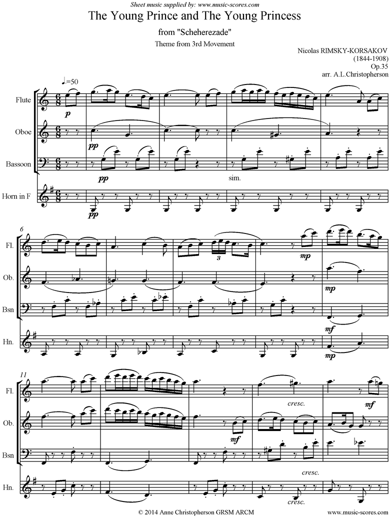 Front page of Scheherezade Op. 35: 3rd Mvt: Flute, Oboe, Bassoon, French Horn sheet music