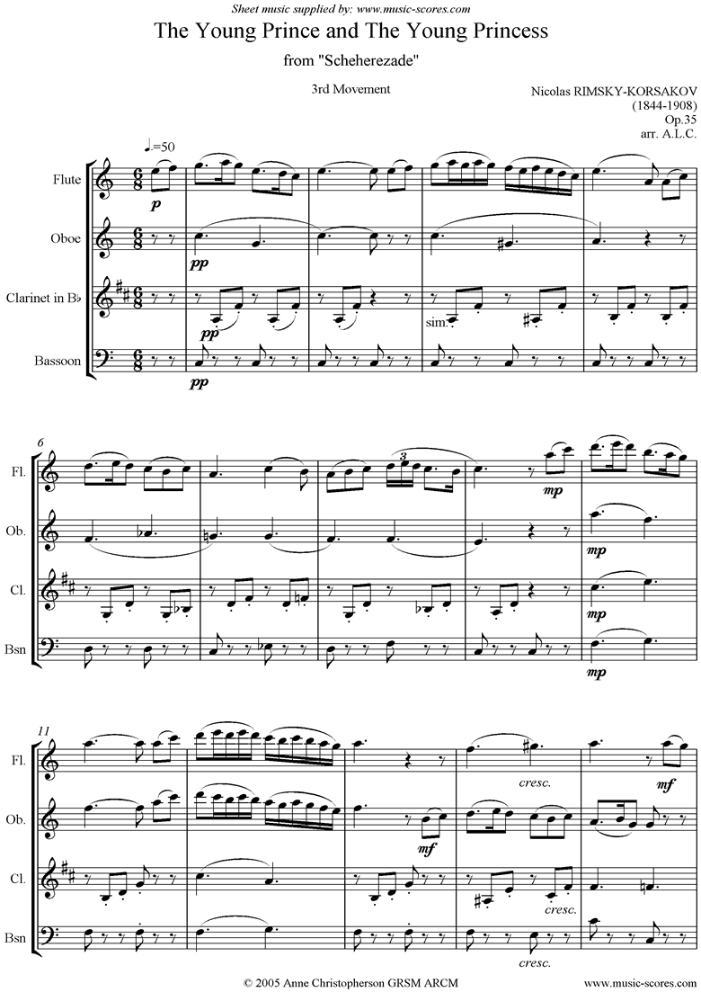 Front page of Scheherezade Op. 35: 3rd Mvt: Fl, Ob, Cl, Fg or BC sheet music