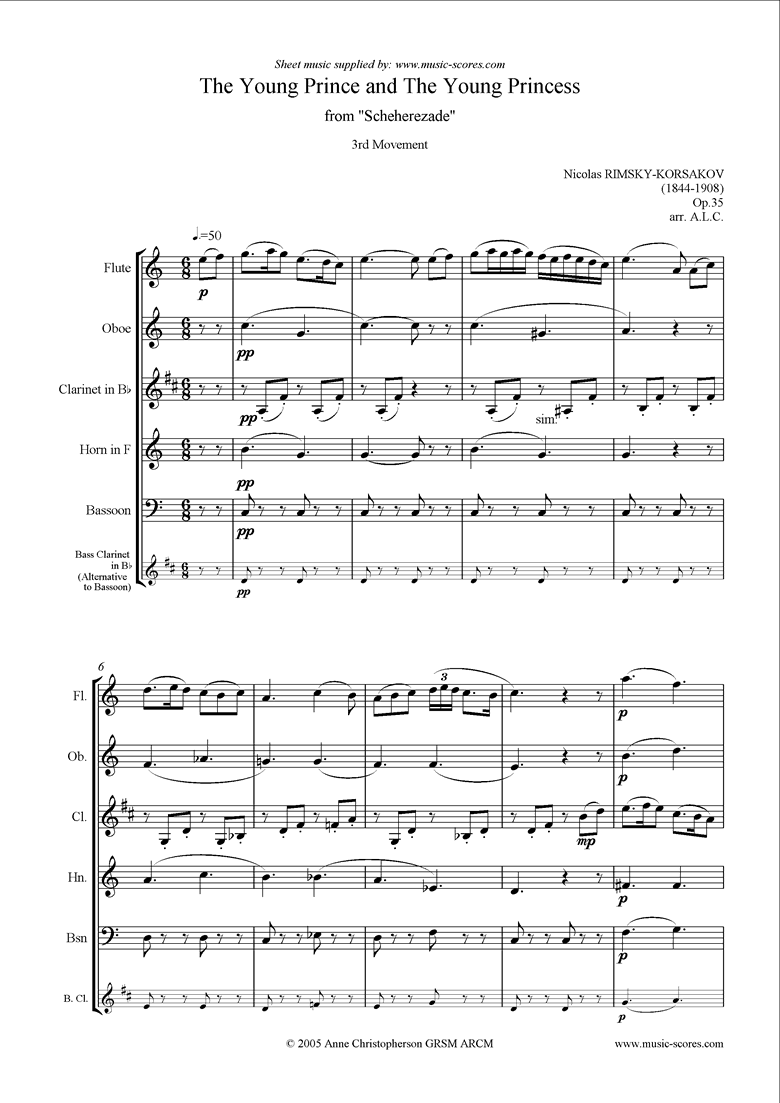 Front page of Scheherezade Op. 35: 3rd Mvt: Fl, Ob, Cl, Cor, Fg sheet music