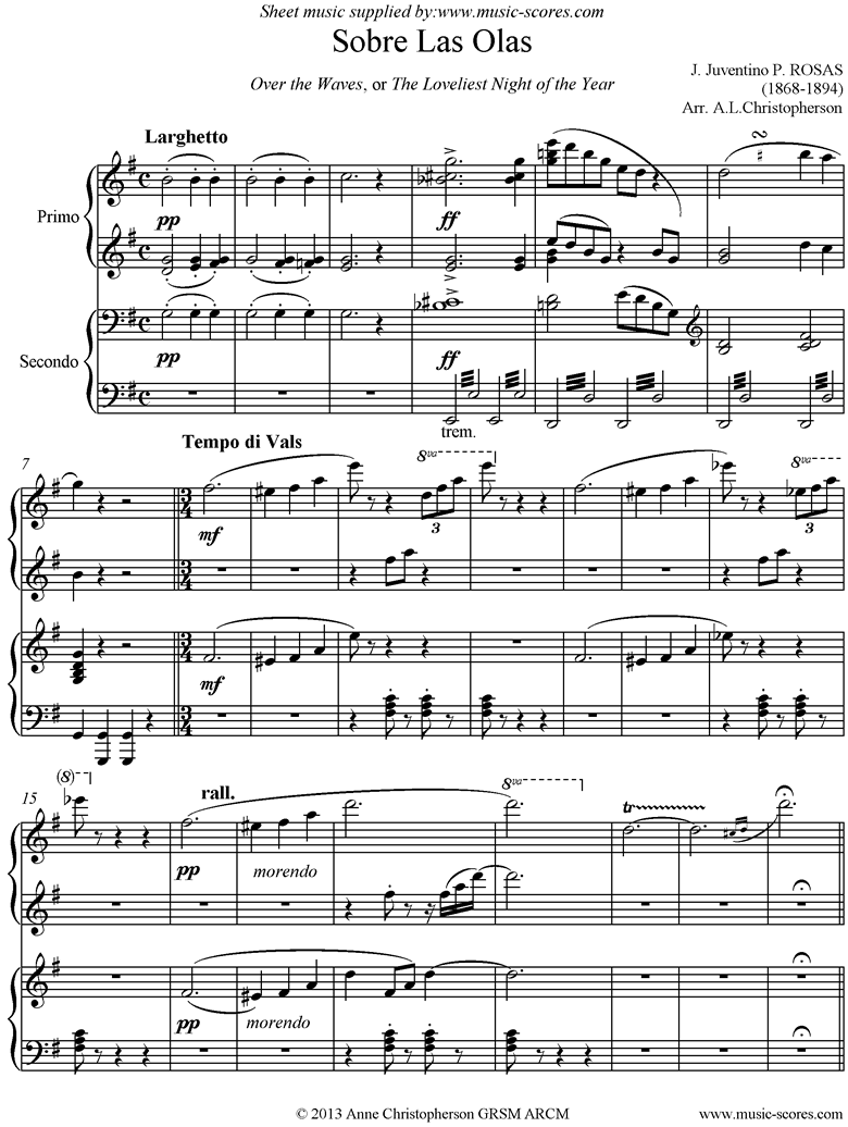 Front page of Sobre Las Olas: Over the Waves: Piano Duet sheet music
