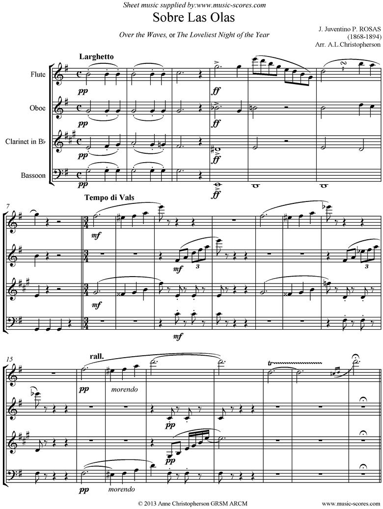 Front page of Sobre Las Olas: Over the Waves: Wind Quartet sheet music