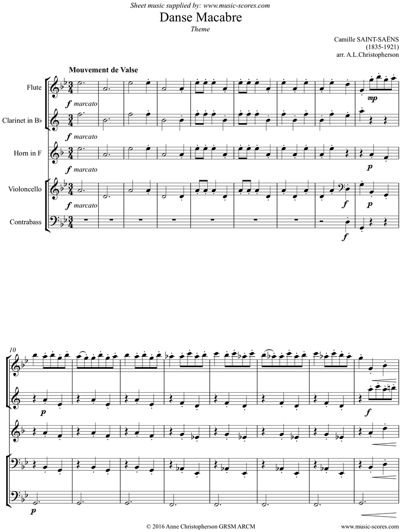 Front page of Danse Macabre theme : Mixed 5: Fl, Cl, Hn, Vc, Cb sheet music