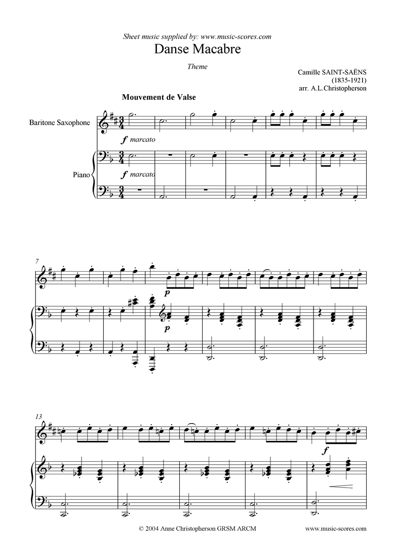 Front page of Danse Macabre theme : Baritone Sax sheet music