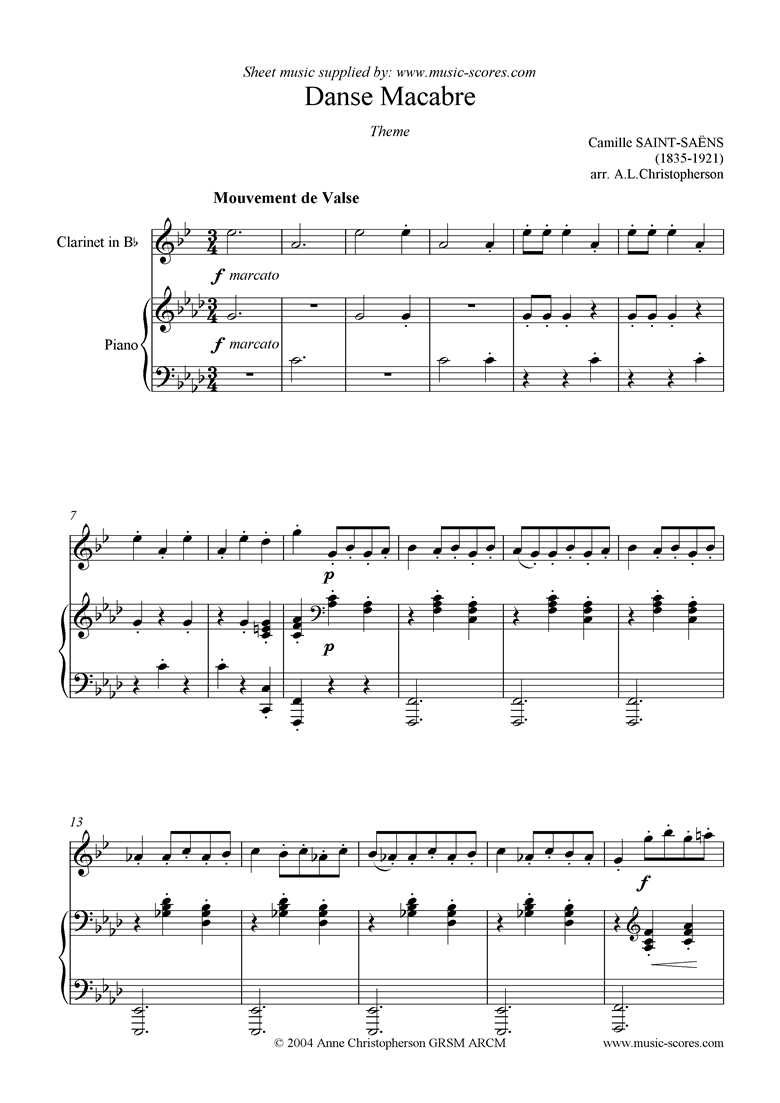 Front page of Danse Macabre theme : clarinet sheet music