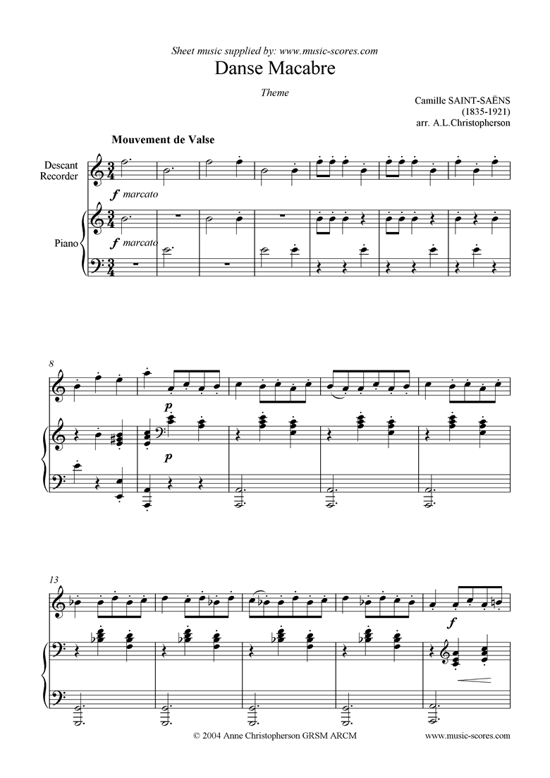 Front page of Danse Macabre theme : descant recorder sheet music
