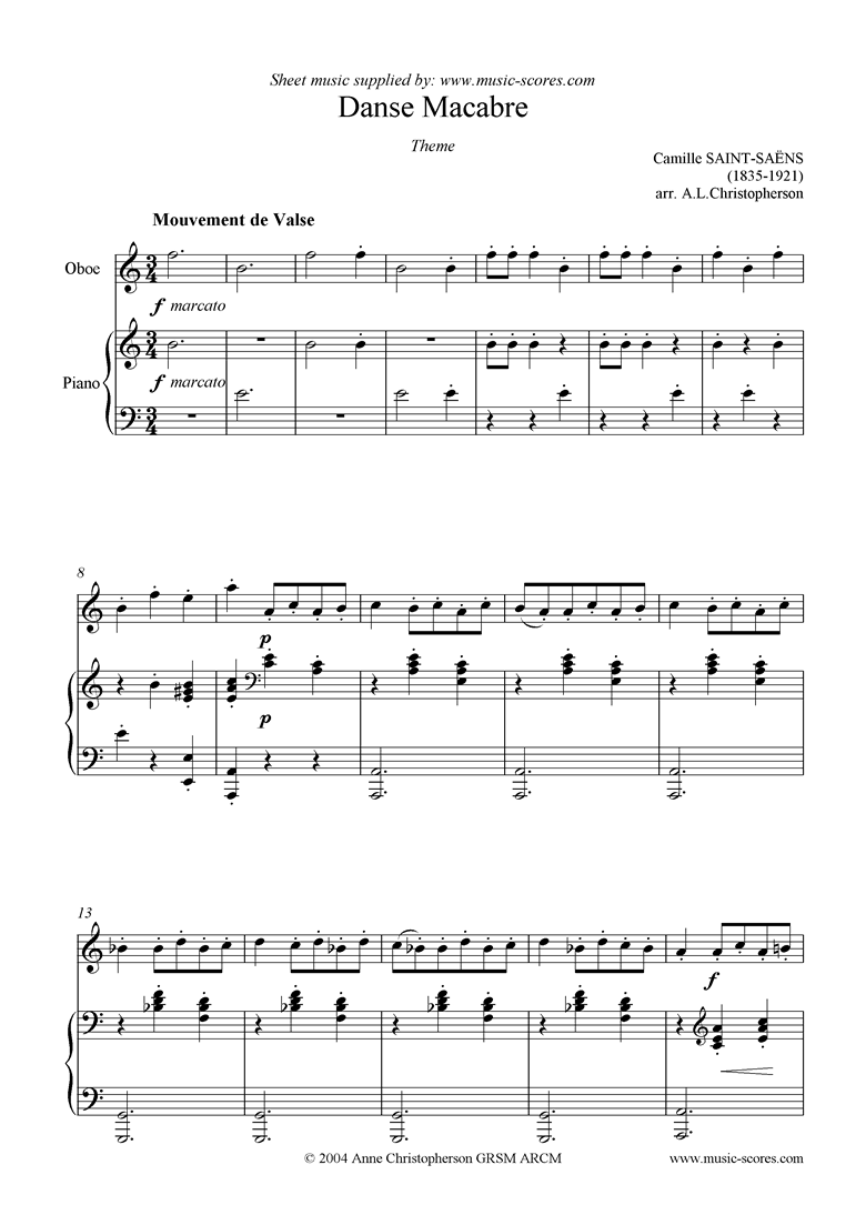 Front page of Danse Macabre theme : oboe sheet music
