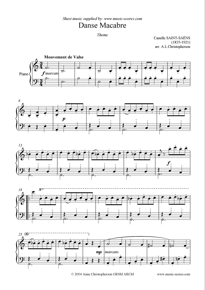 Front page of Danse Macabre theme: Piano sheet music