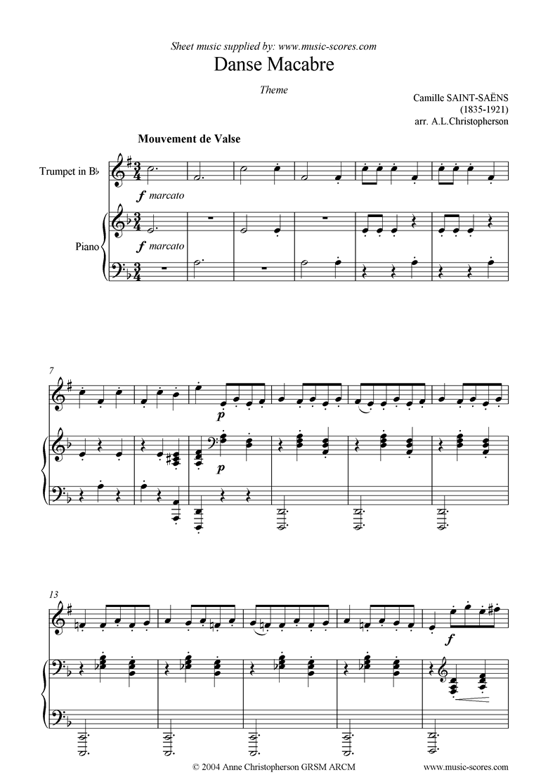 Front page of Danse Macabre theme : trumpet sheet music