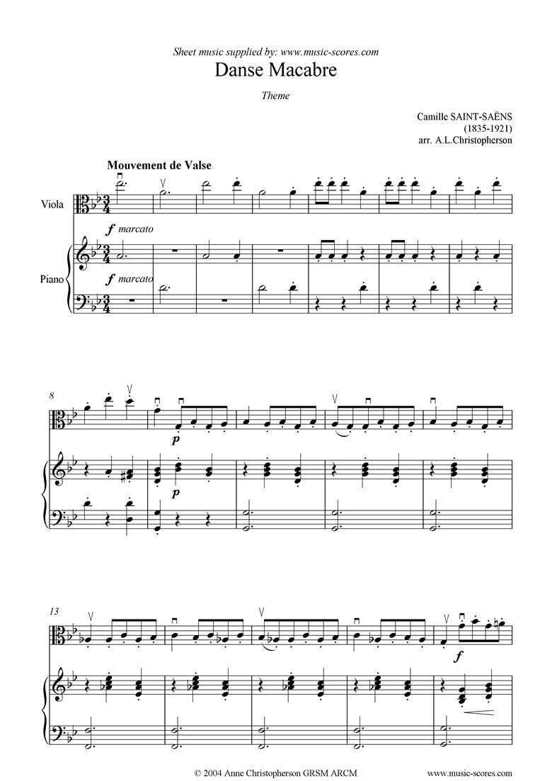 Front page of Danse Macabre theme : viola sheet music