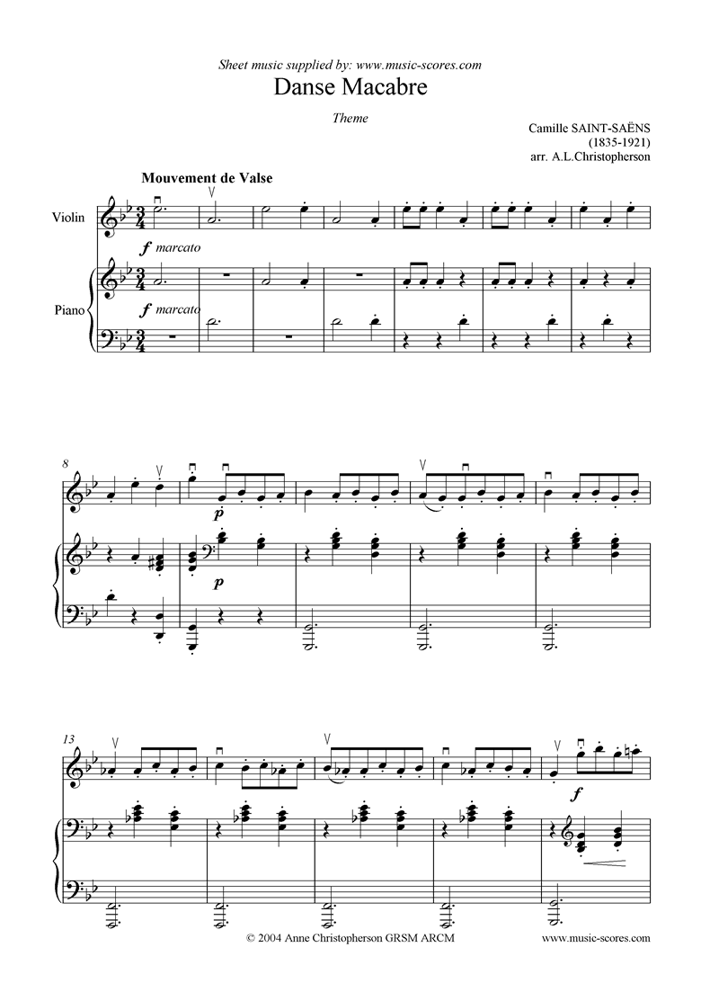 Front page of Danse Macabre theme : violin sheet music