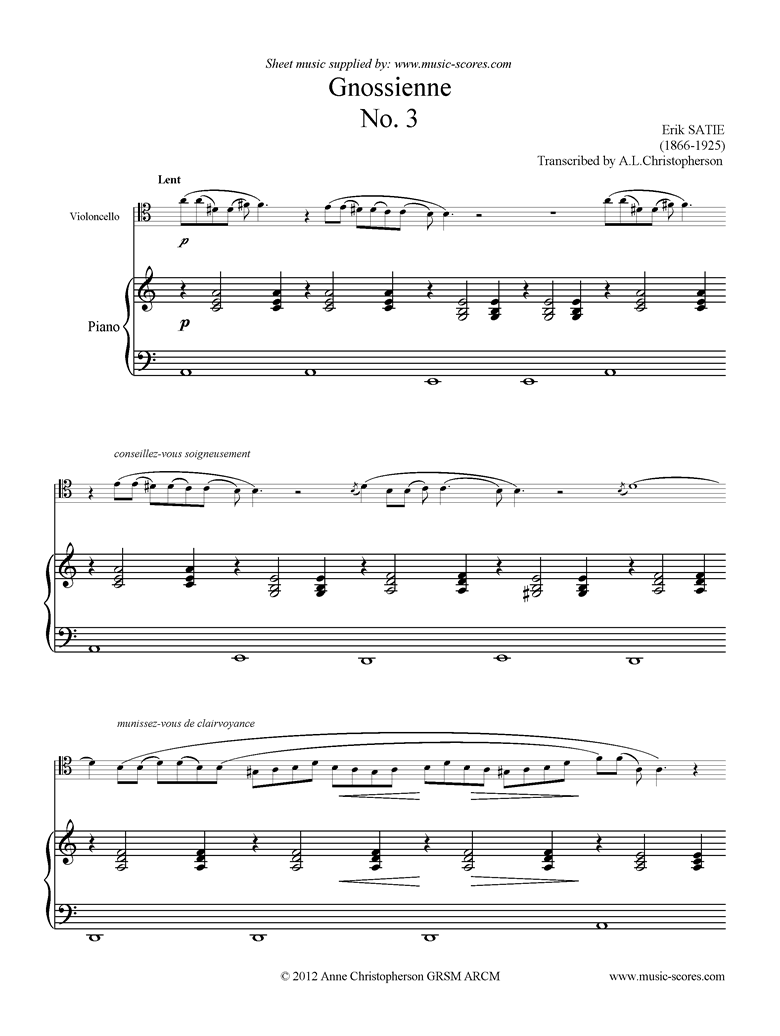 Front page of Gnossienne: No. 3: Cello, Piano sheet music
