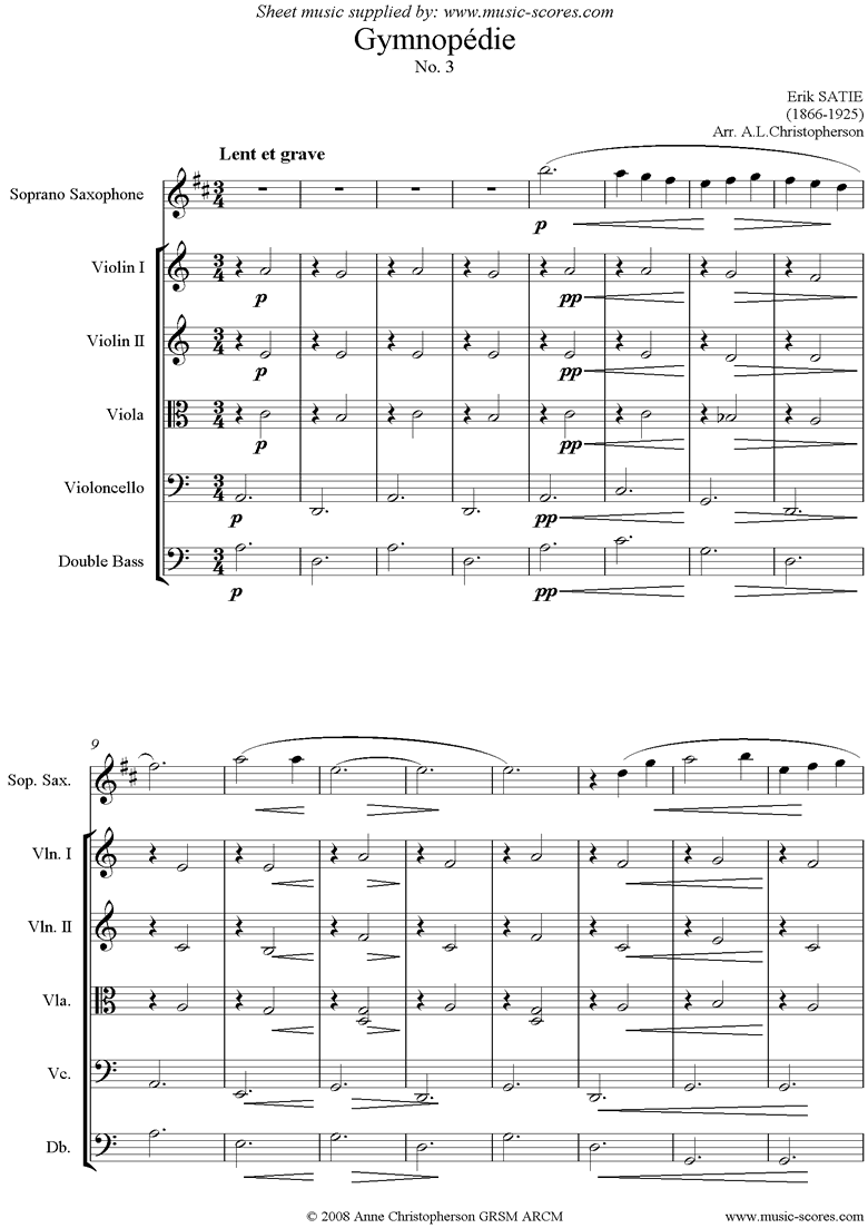 Front page of Gymnopédie: No.3: Soprano Sax and String Ensemble sheet music