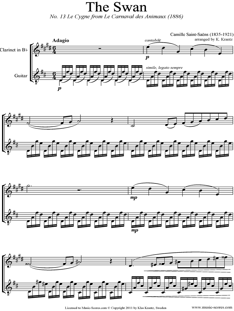 Le Carnaval des Animaux: 13 Le Cygne: Clarinet, Guitar by Saint-Saens