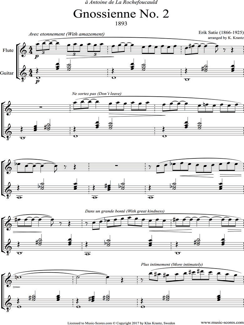 Front page of Gnossienne: No. 2: Flute, Guitar: A mi sheet music