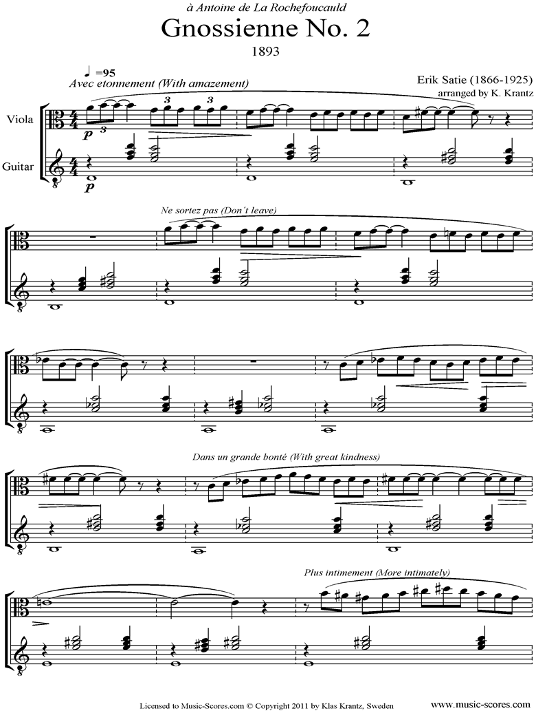 Front page of Gnossienne: No. 2: Viola, Guitar sheet music