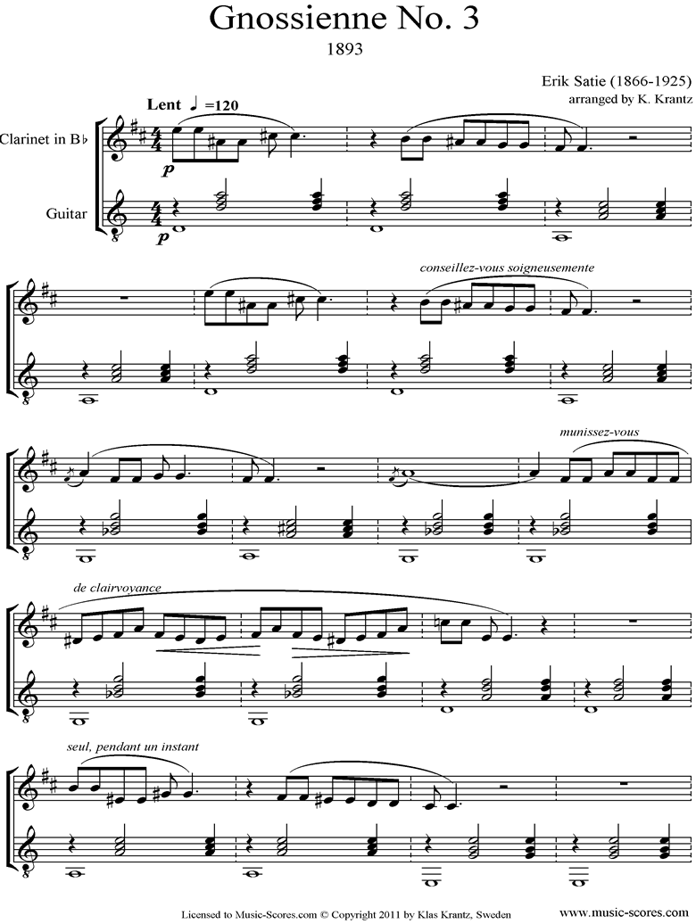 Front page of Gnossienne: No. 3: Clarinet, Guitar sheet music