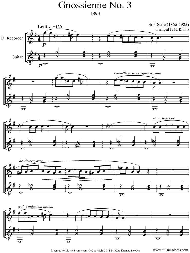 Front page of Gnossienne: No. 3: Descant Recorder, Guitar sheet music