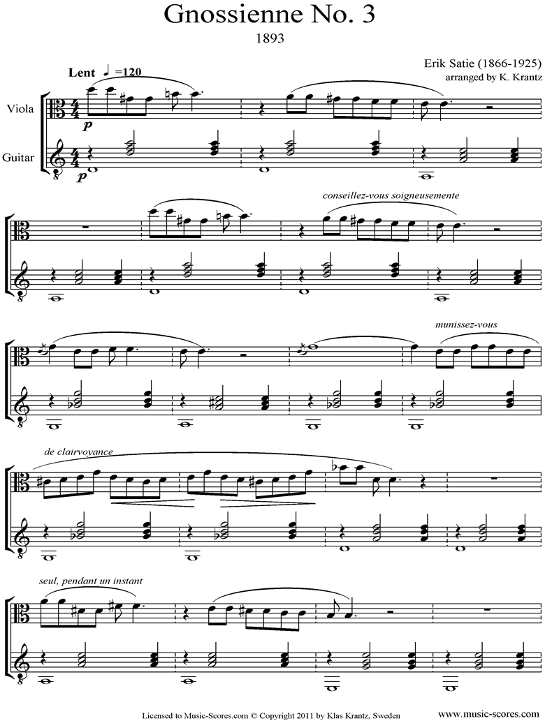 Front page of Gnossienne: No. 3: Viola, Guitar sheet music