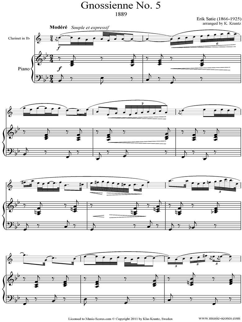 Front page of Gnossienne: No. 5: Clarinet, Piano sheet music