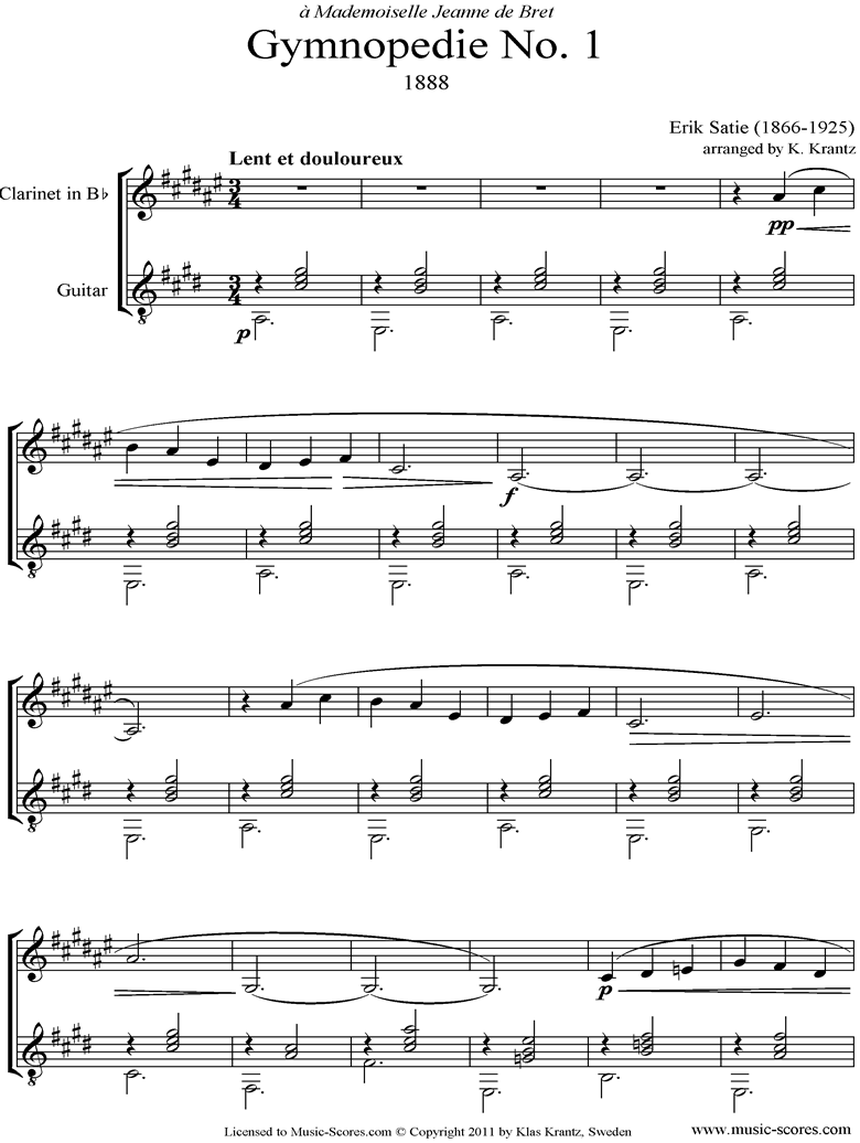 Gymnopdie: No.1: Clarinet, Guitar by Satie