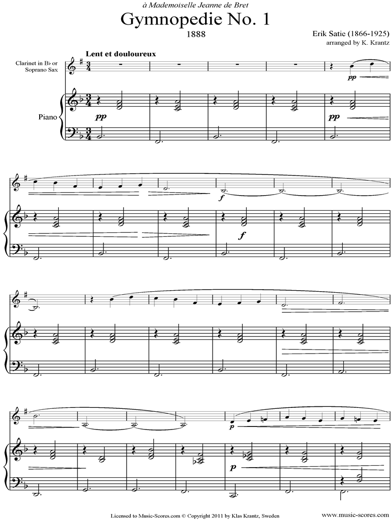 Gymnopdie: No.1: Clarinet, Piano by Satie