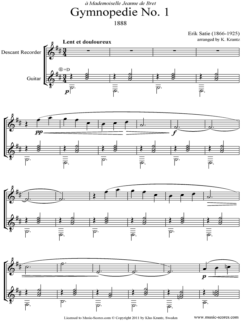 Gymnopdie: No.1: Descant Recorder, Guitar by Satie