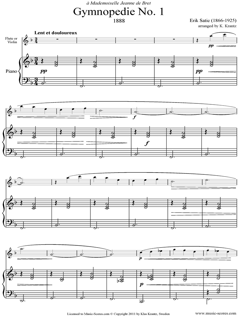 Gymnopdie: No.1: Flute, Piano by Satie