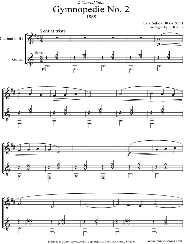 Front page of Gymnopédie: No.2: Clarinet, Guitar sheet music