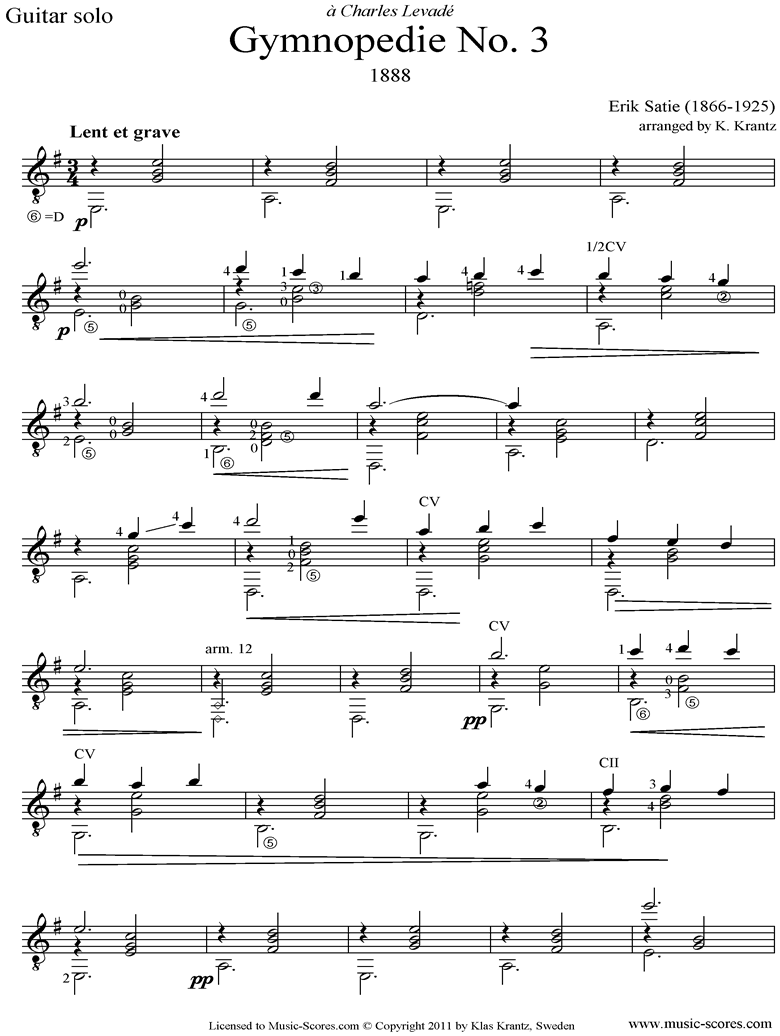 Front page of Gymnopédie: No.3: Guitar sheet music