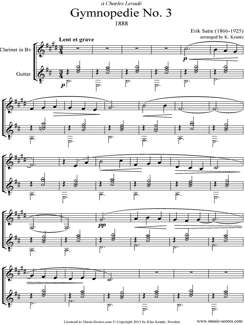 Gymnopdie: No.3: Clarinet, Guitar by Satie