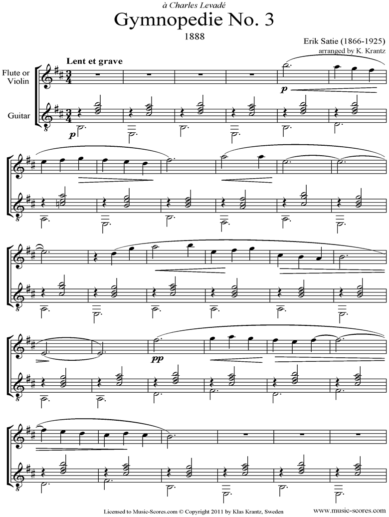 Gymnopdie: No.3: Flute, Guitar by Satie