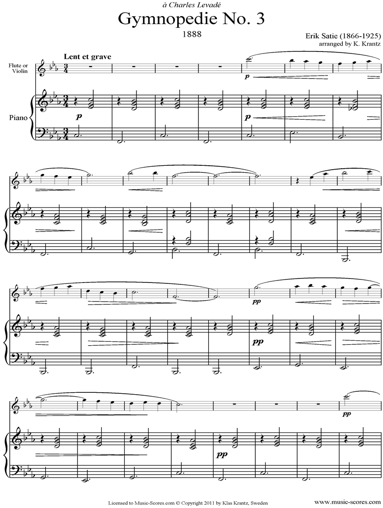Gymnopdie: No.3: Flute, Piano by Satie