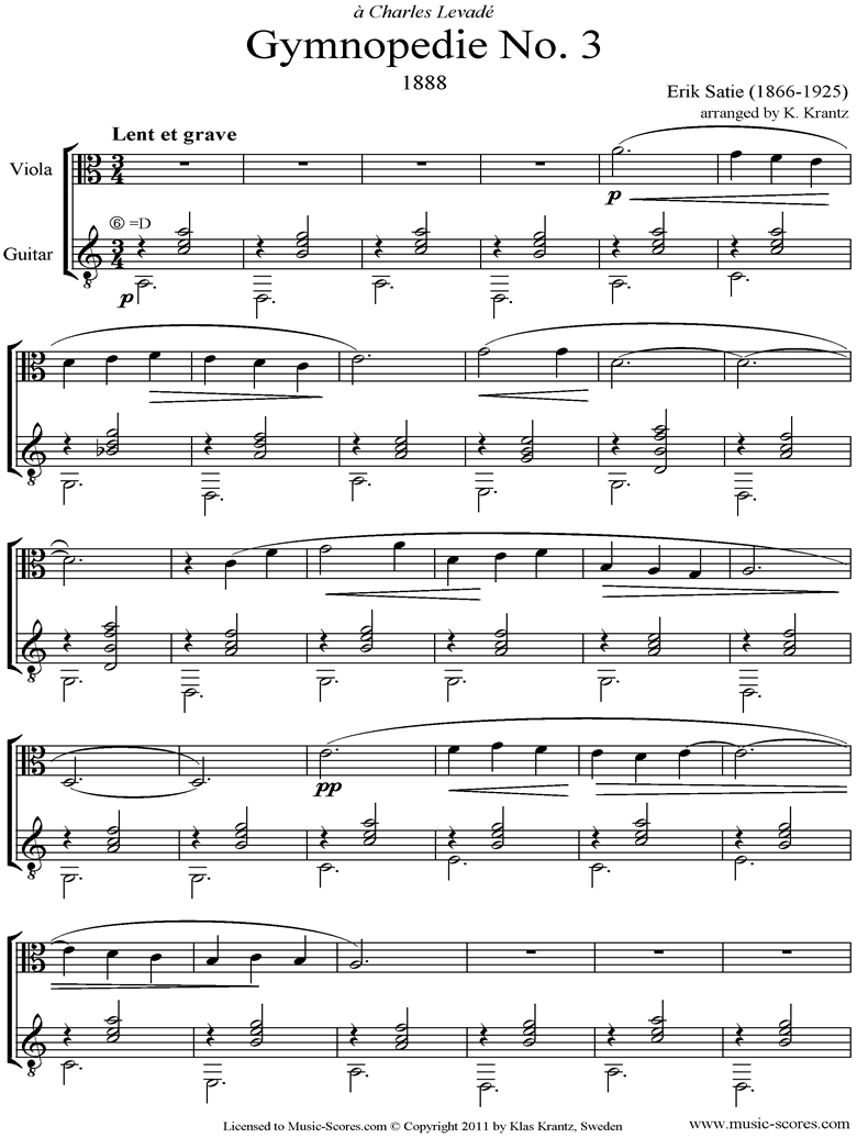Gymnopdie: No.3: Viola, Guitar by Satie