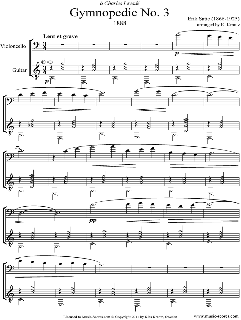 Gymnopdie: No.3: Cello, Guitar by Satie