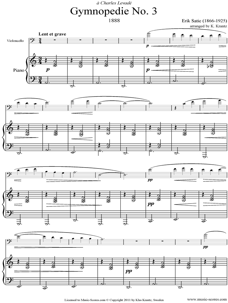Gymnopdie: No.3: Cello, Piano by Satie