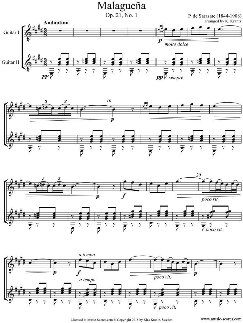 Front page of Op.21, No.1: Malaguena: 2 Guitars sheet music