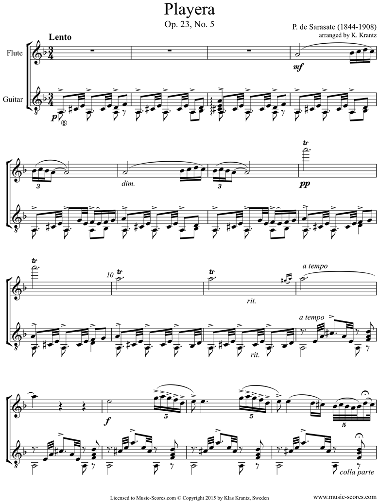 Front page of Op.23, No.5: Playera: Flute, Guitar sheet music