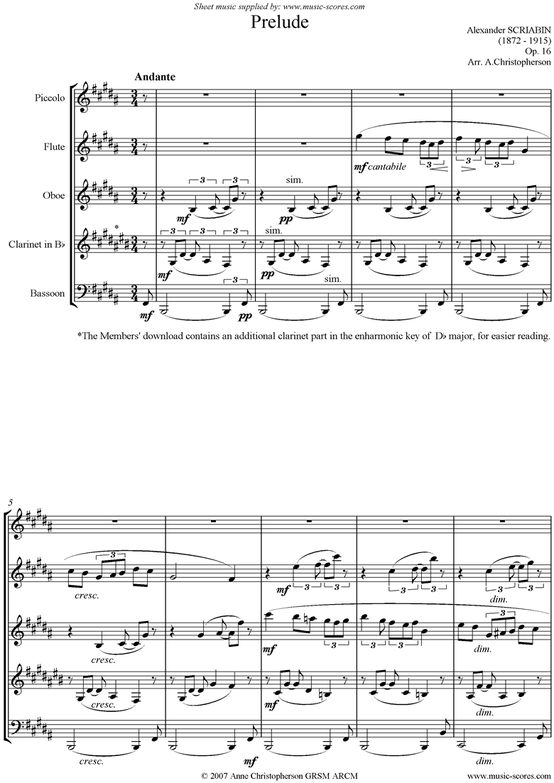 Front page of Op.16, No.1: Prelude: Wind Quintet sheet music