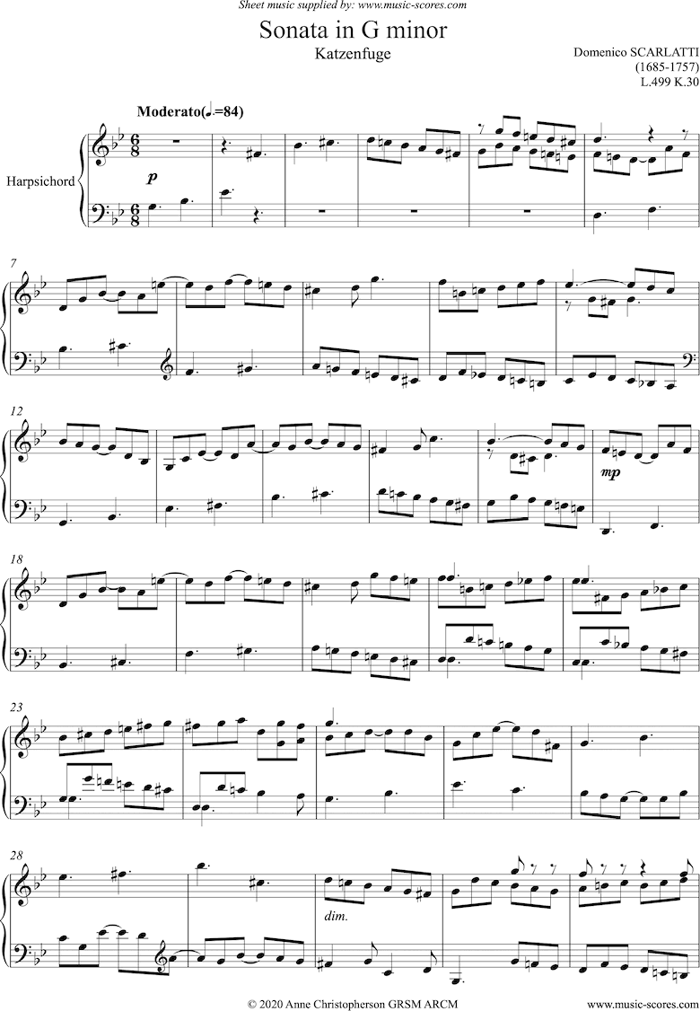 Front page of Kp.030, L.499: Katzenfugue from Sonata in G minor: Harpsichord sheet music