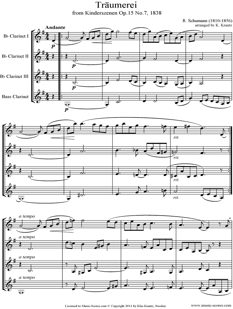 Front page of Op.15: Scenes from Childhood: 07 Dreaming: Clarinet 4 sheet music