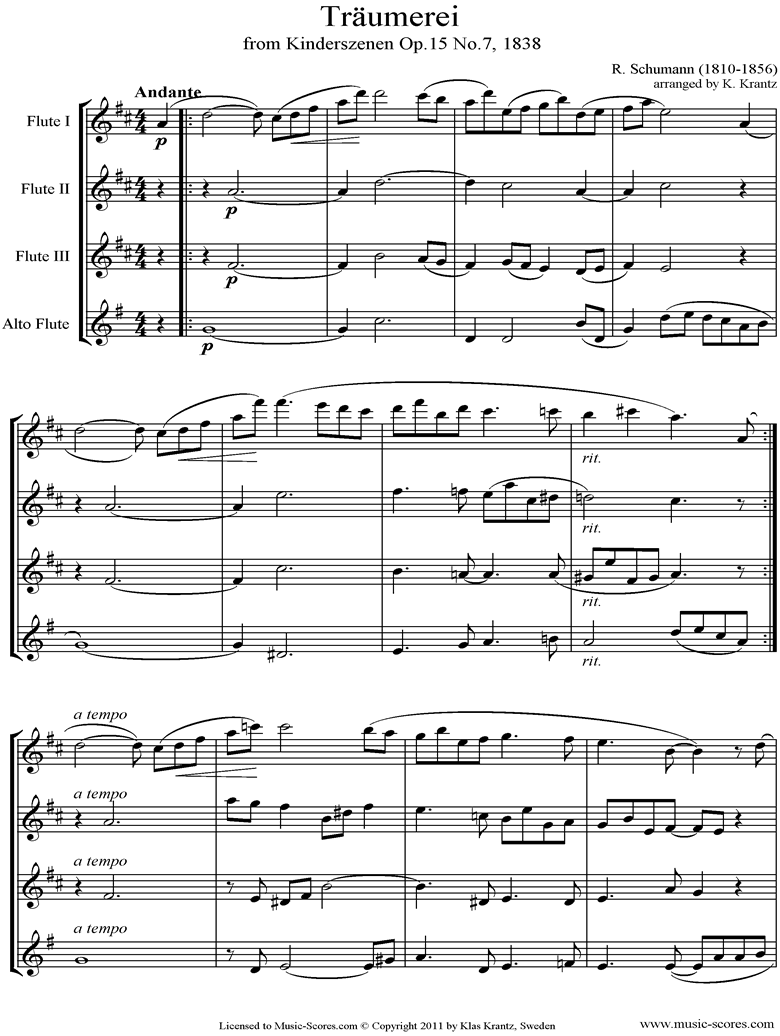 Front page of Op.15: Scenes from Childhood: 07 Dreaming: Flute 4 inc Alto Flute sheet music