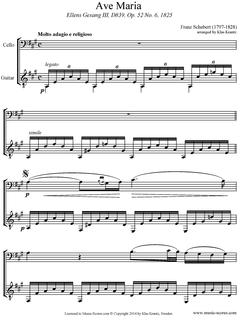 Front page of Ave Maria: Cello, Guitar sheet music