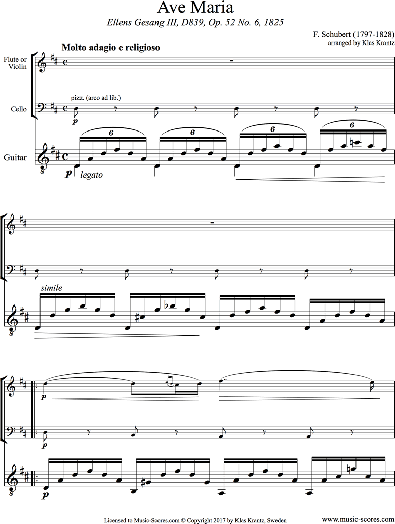Front page of Ave Maria: Violin, Cello, Guitar sheet music