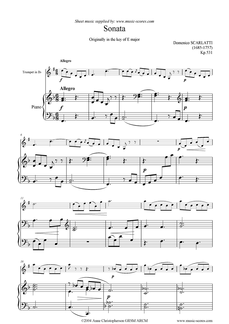 Front page of Kp.531:Sonata for trumpet sheet music